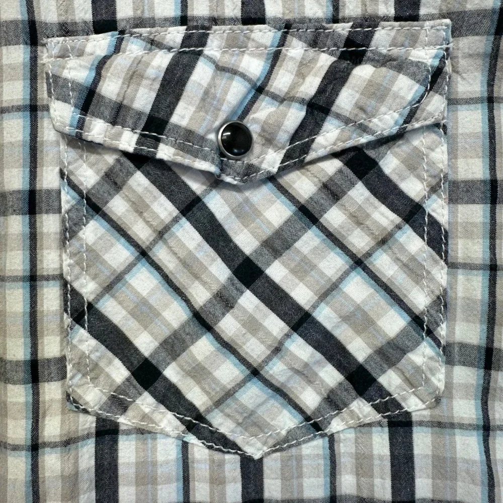 English Laundry Lions Crest Shirt Mens Large Plaid Black Short Sleeve Pearl Snap